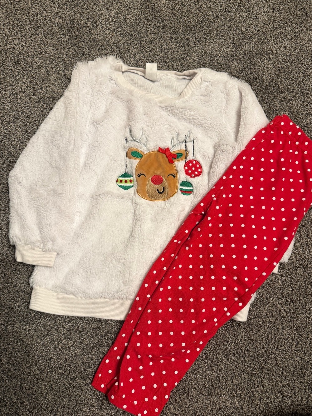 Baby Essentials White Plush Reindeer Top with Red Polka Dot Pajama Pants Size 5